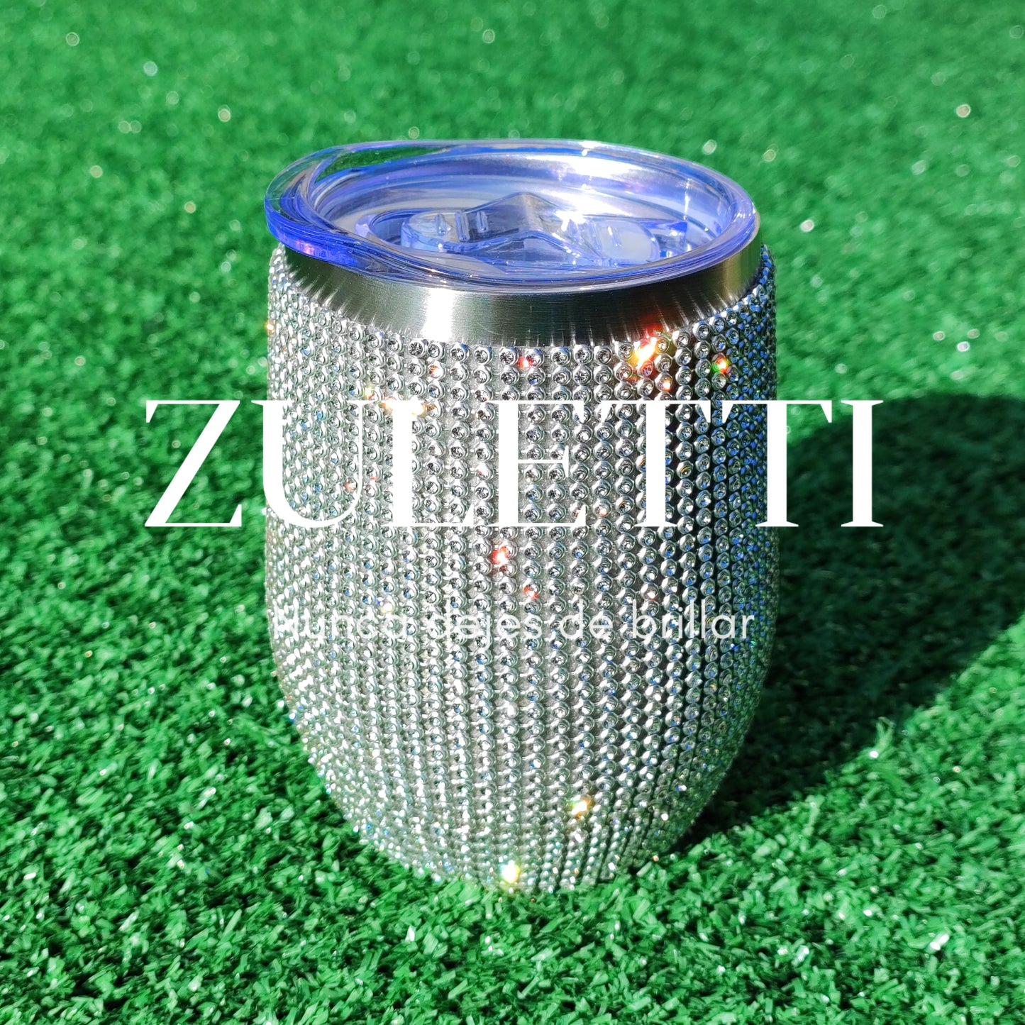 Vaso térmico Zuletti con brillos / cristales / pedrería brillante de 12 oz/355 ml. Color plateado