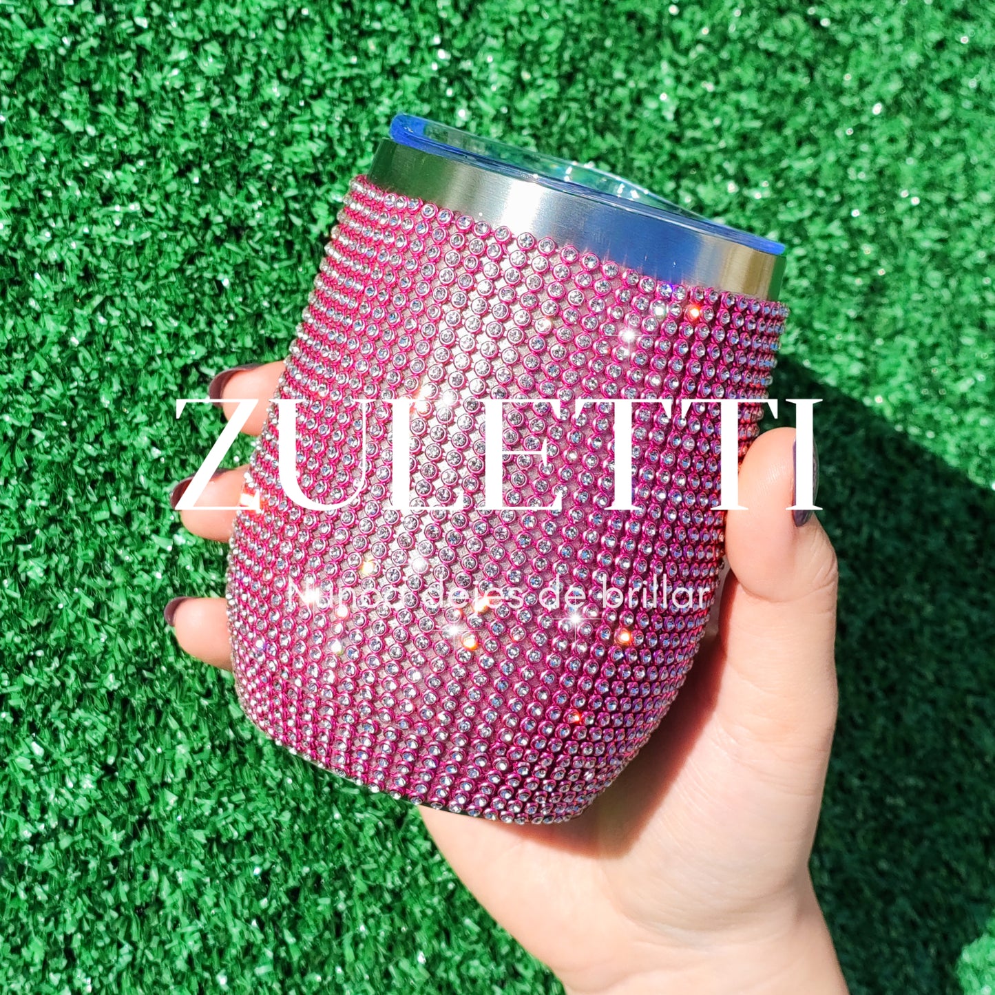 Vaso térmico Zuletti con brillos / cristales / pedrería brillante de 12 oz/355 ml. Color Rosado