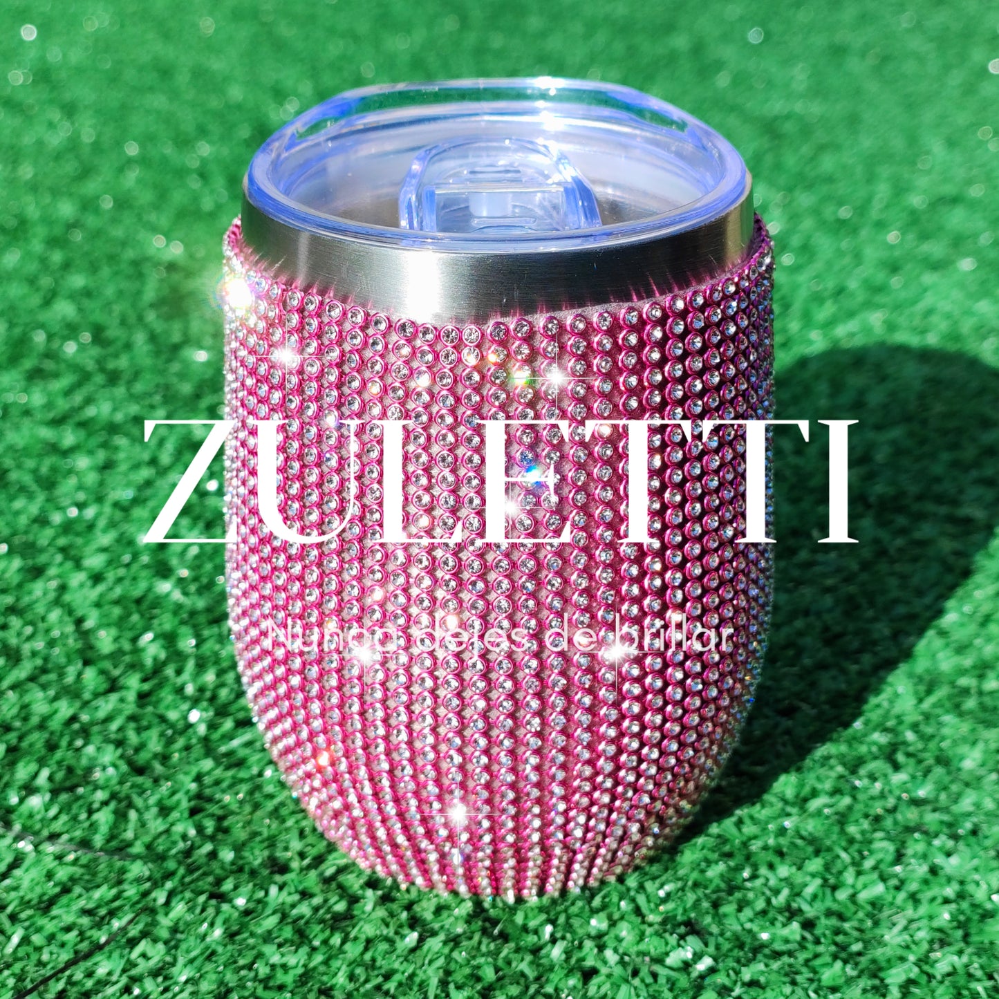Vaso térmico Zuletti con brillos / cristales / pedrería brillante de 12 oz/355 ml. Color Rosado