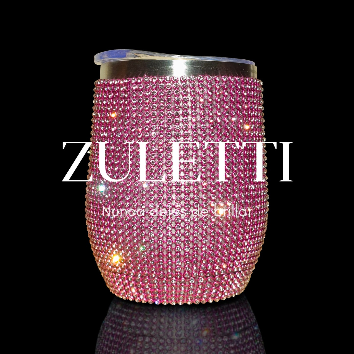 Vaso térmico Zuletti con brillos / cristales / pedrería brillante de 12 oz/355 ml. Color Rosado