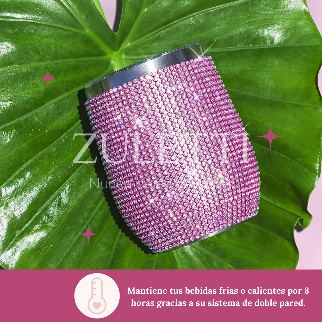 Vaso térmico Zuletti con brillos / cristales / pedrería brillante de 12 oz/355 ml. Color Rosado