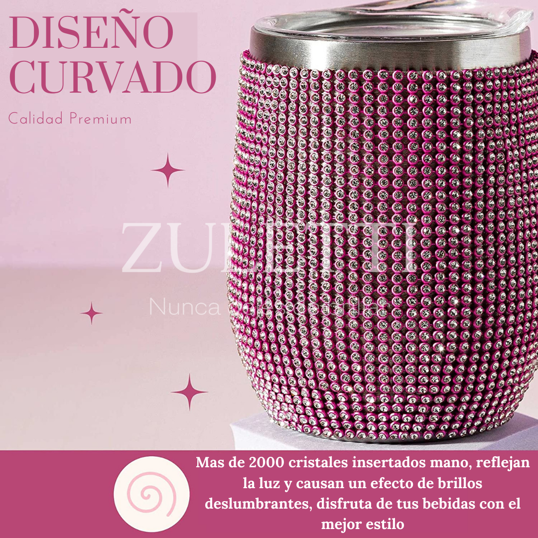 Vaso térmico Zuletti con brillos / cristales / pedrería brillante de 12 oz/355 ml. Color Rosado
