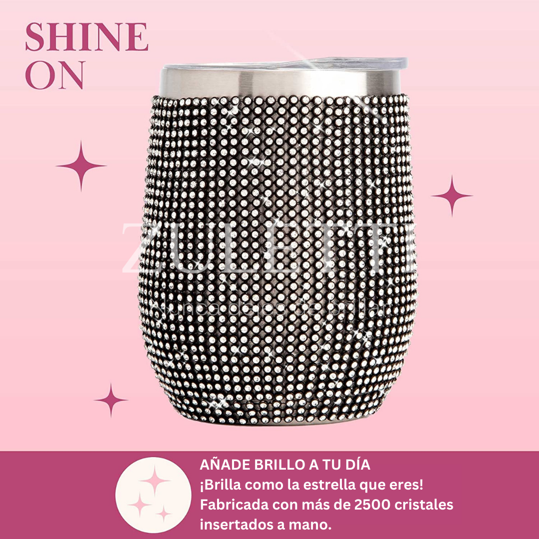 Vaso térmico Zuletti con cristales/ pedrería brillante de 12 oz/355 ml. Color Negro