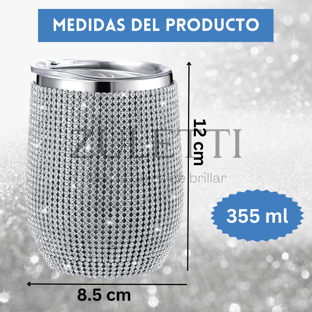 Vaso térmico Zuletti con brillos / cristales / pedrería brillante de 12 oz/355 ml. Color plateado