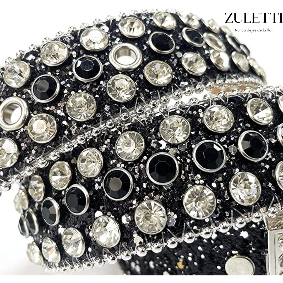 Cinturón ZULETTI con pedrería, diamantes, brillos, incrustados. Color negro