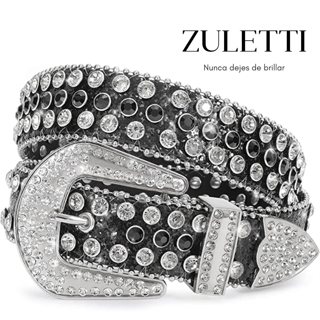 Cinturón ZULETTI con pedrería, diamantes, brillos, incrustados. Color negro