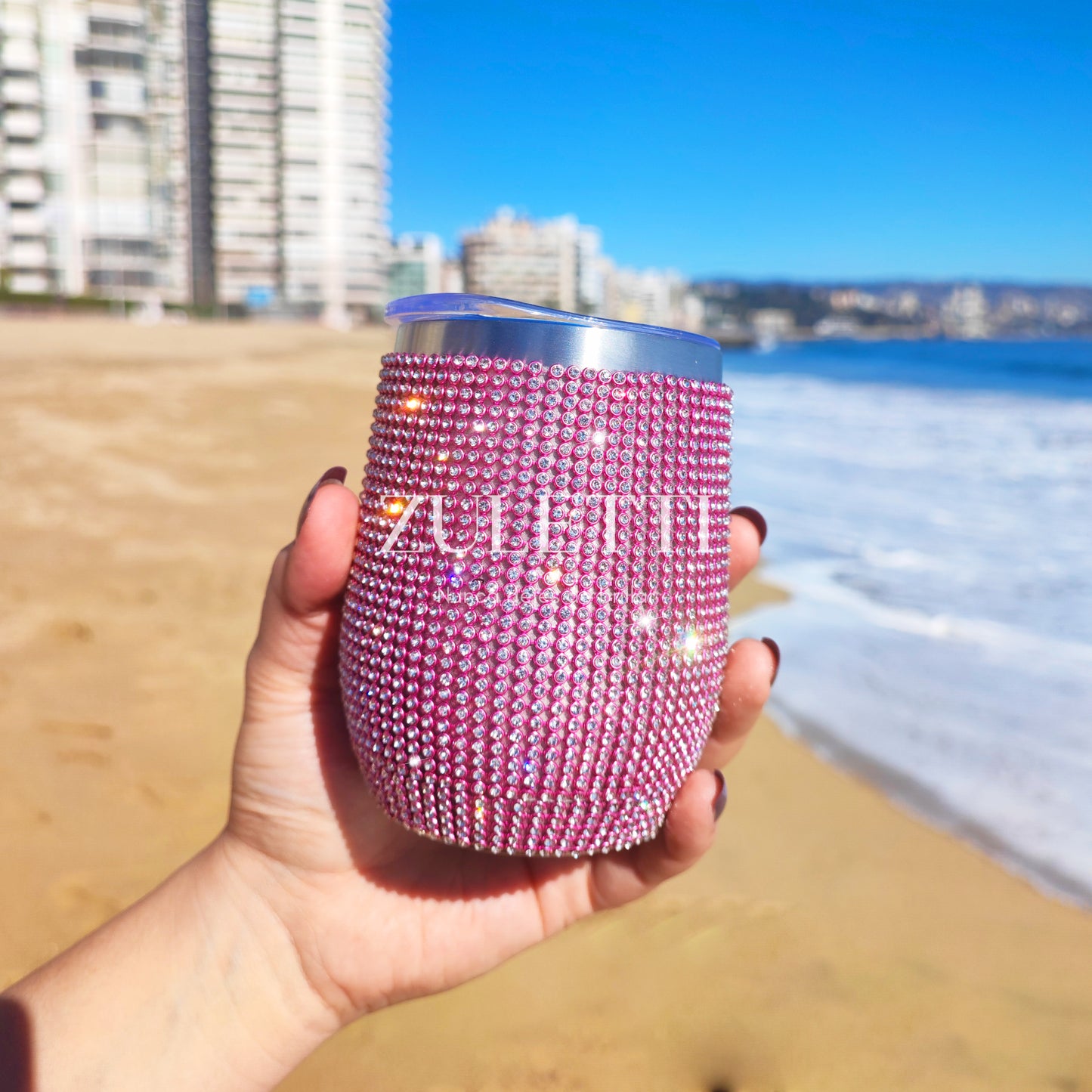 Vaso térmico Zuletti con brillos / cristales / pedrería brillante de 12 oz/355 ml. Color Rosado