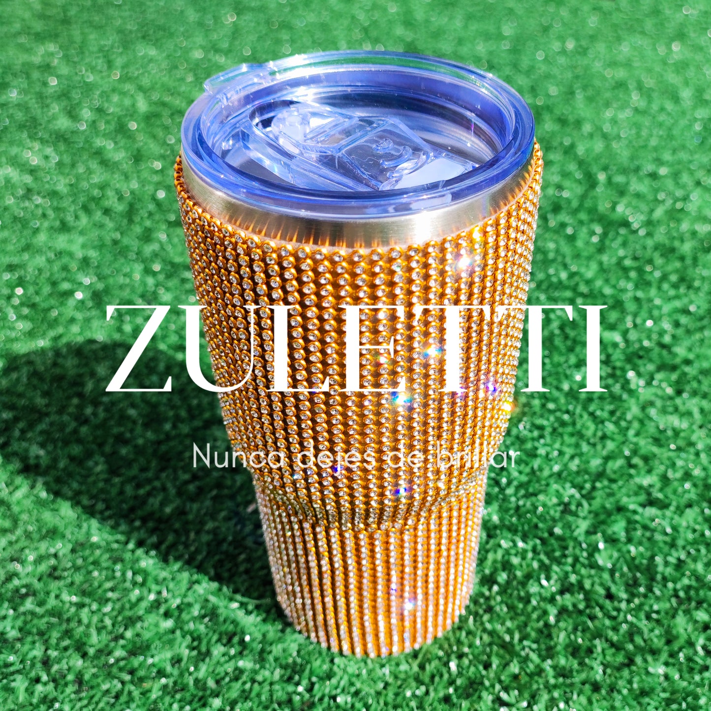 Vaso térmico Zuletti con brillos, tazón brillante de 600 ml con tapa antiderrames. Color dorado