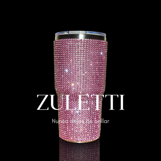 Vaso térmico Zuletti con brillos, tazón brillante de 600 ml con tapa antiderrames. Color rosado