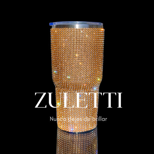 Vaso térmico Zuletti con brillos, tazón brillante de 600 ml con tapa antiderrames. Color dorado