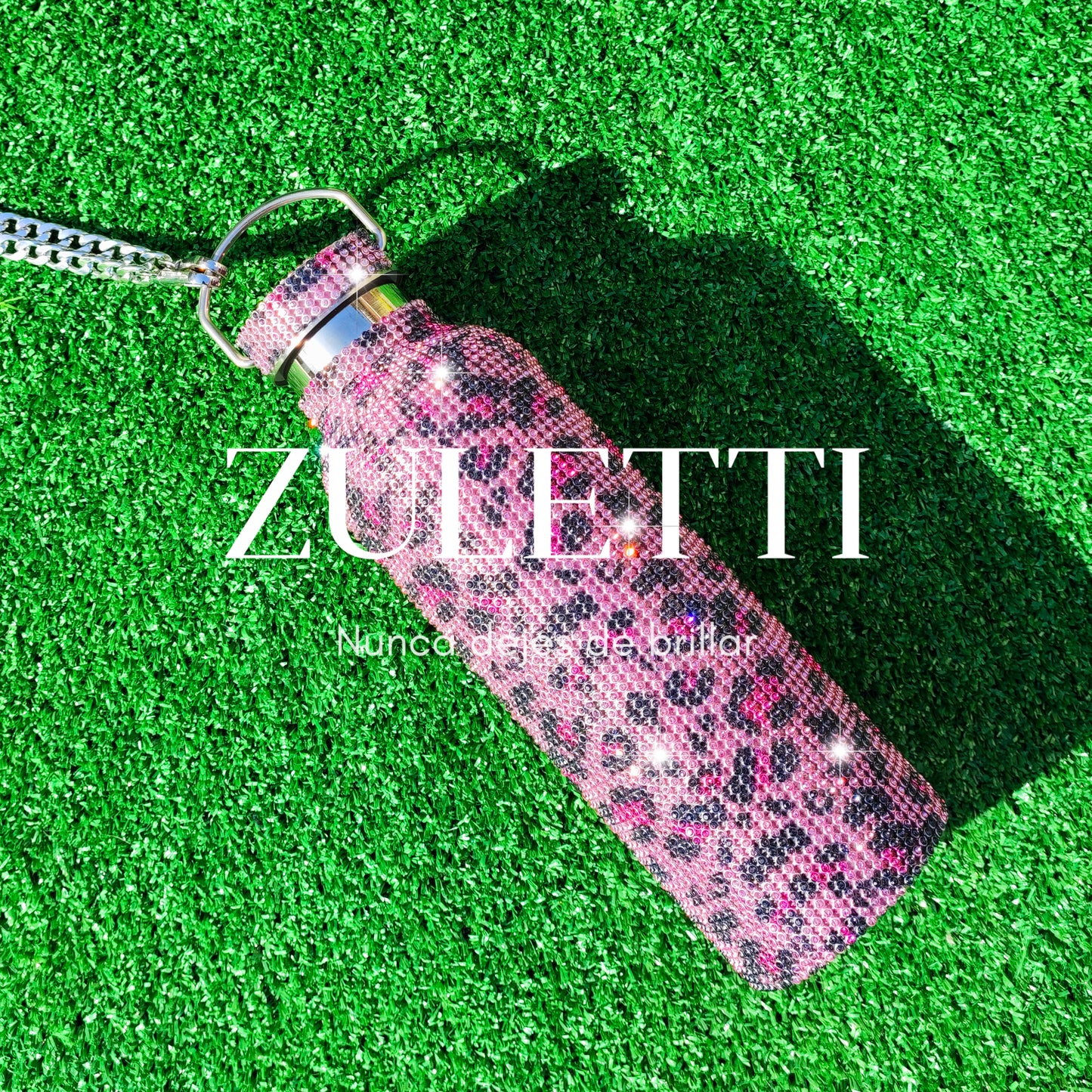 Termo Zuletti de acero inoxidable con brillos / cristales brillantes / diamantes. 900 ml. Color animal print rosa