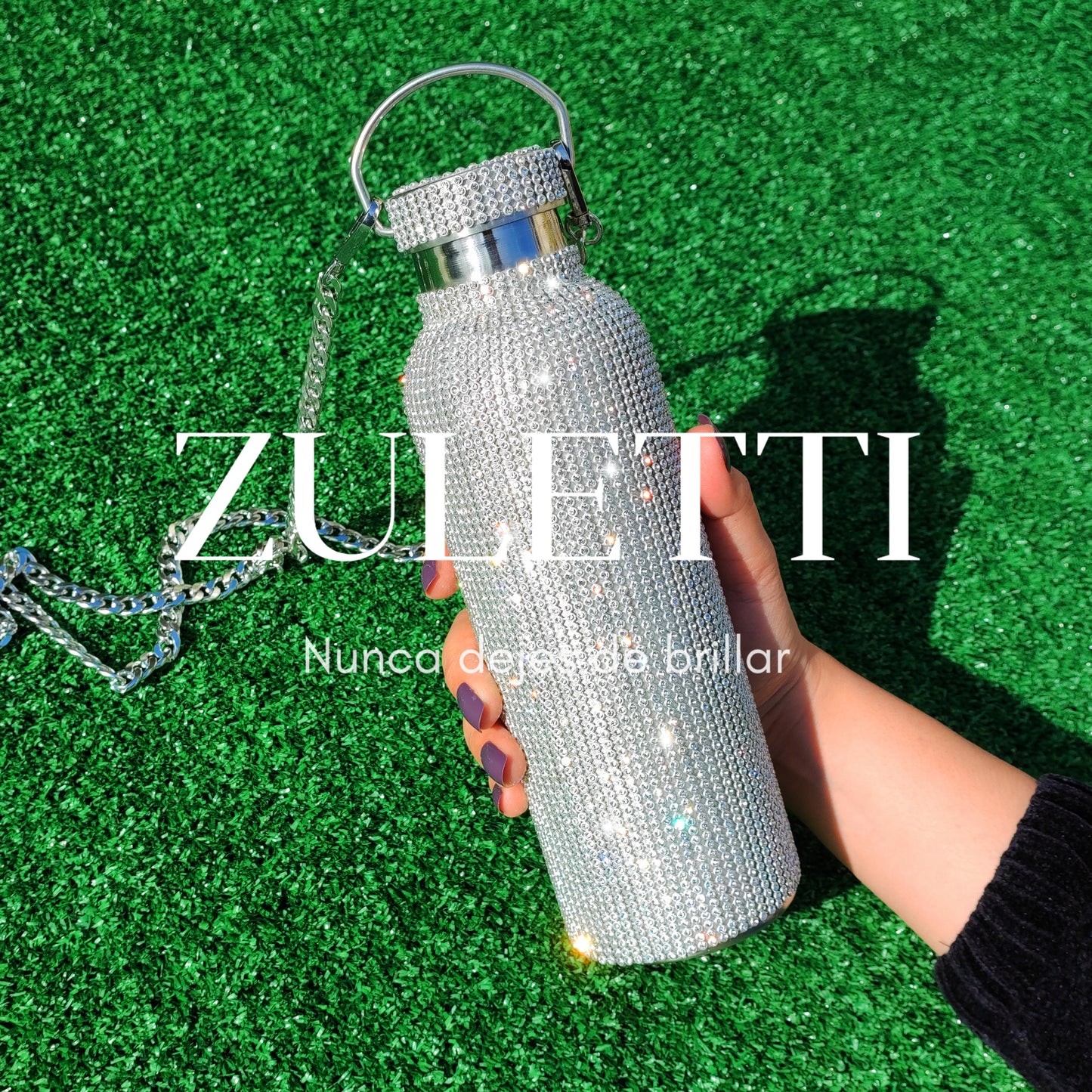 Termo Zuletti de acero inoxidable con brillos / cristales brillantes / diamantes. 900 ml. Color plateado