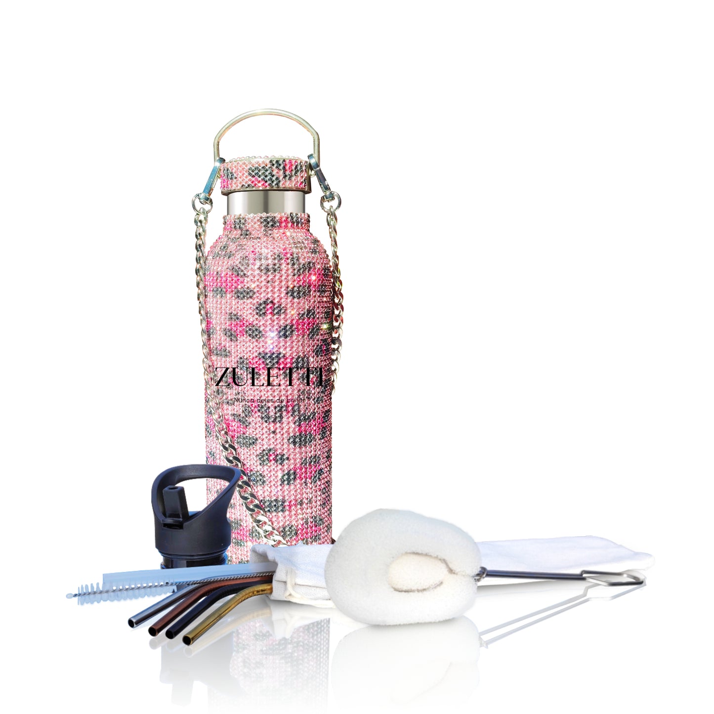 Botella Zuletti Brillante, Termo Con Brillos Y Accesorios | Animal Print Rosa