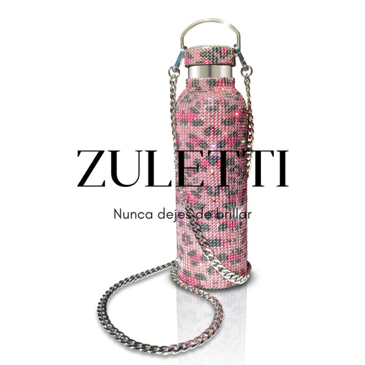 Termo Zuletti de acero inoxidable con brillos / cristales brillantes / diamantes. 900 ml. Color animal print rosa