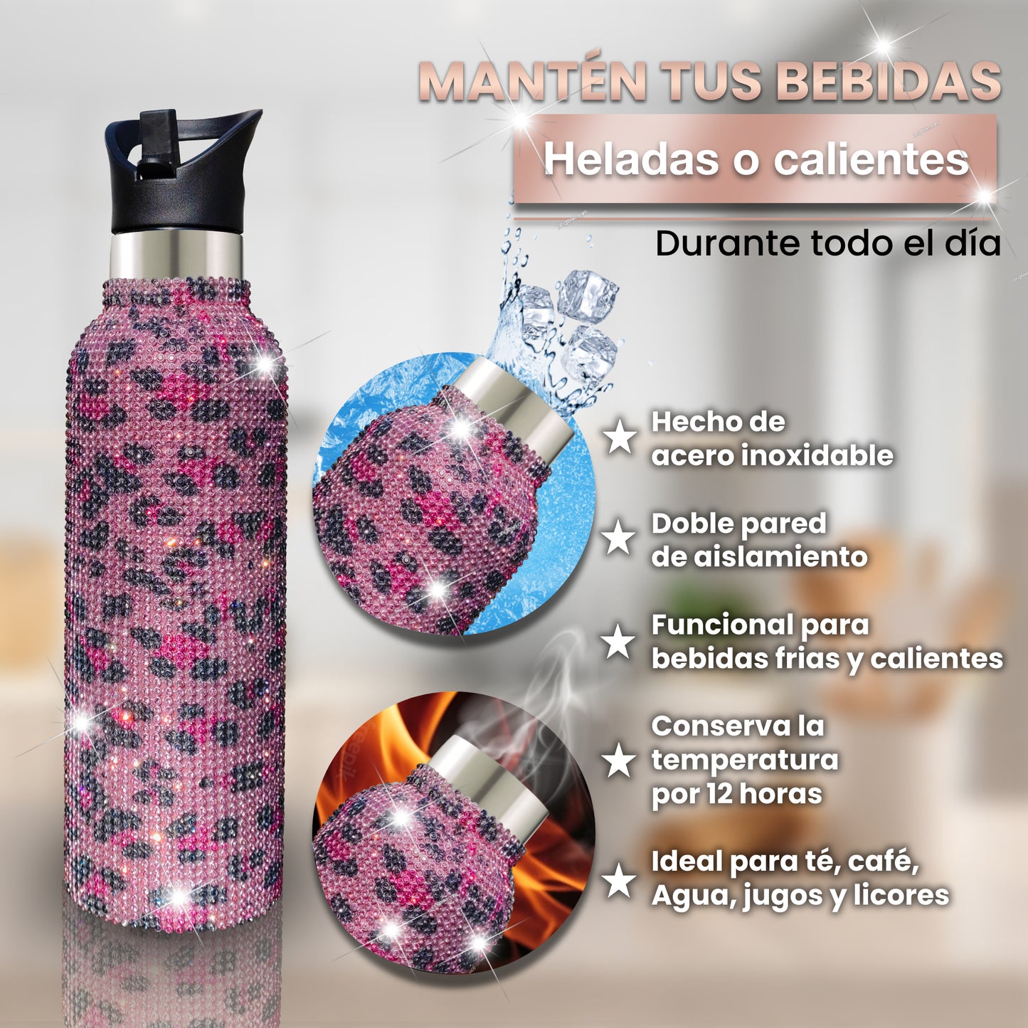 Botella Zuletti Brillante, Termo Con Brillos Y Accesorios | Animal Print Rosa