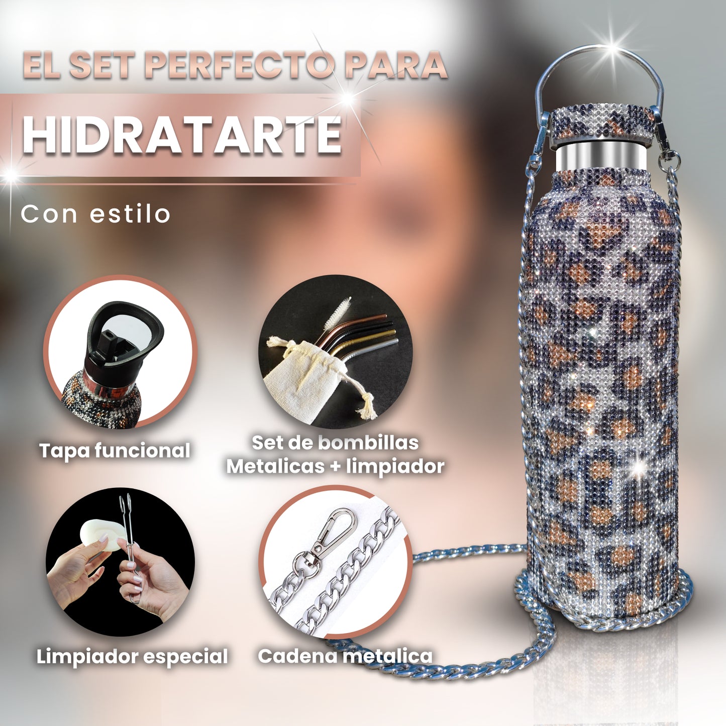 Botella Zuletti Brillante, Termo Con Brillos Y Accesorios | Animal print