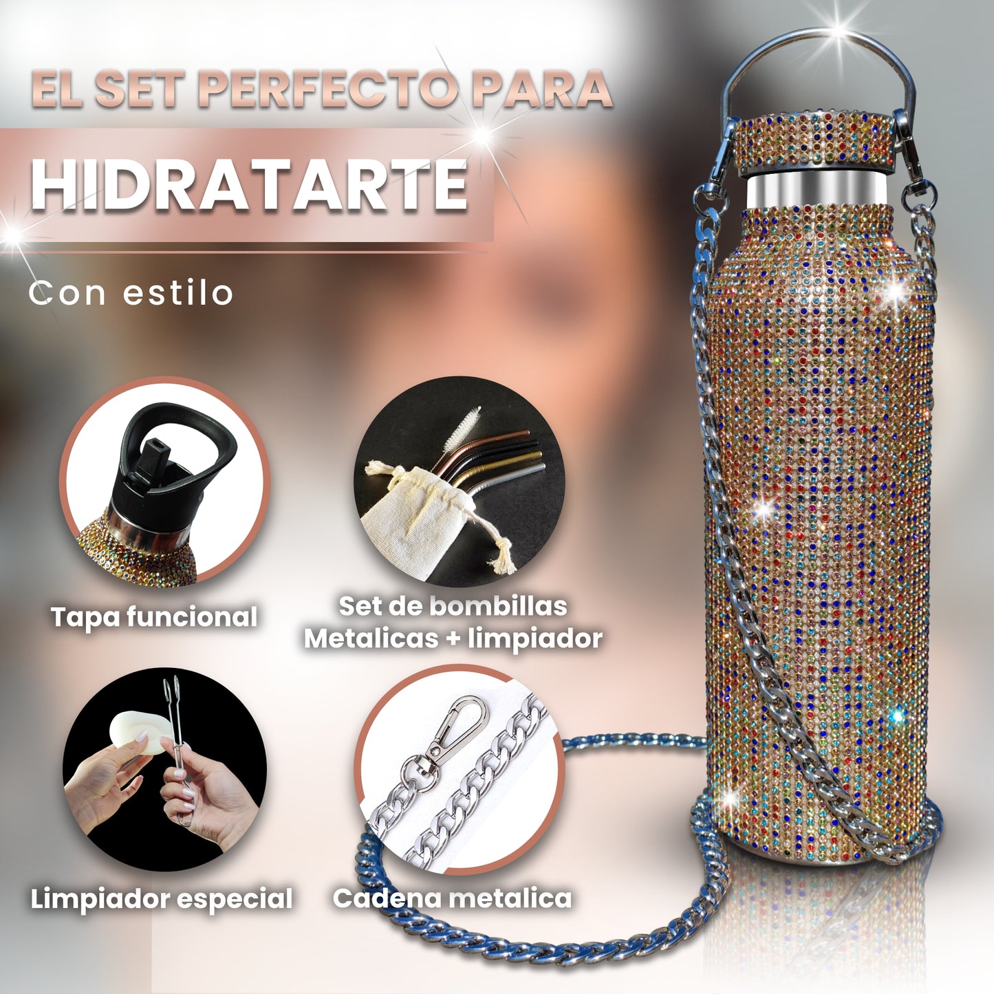 Botella Zuletti Brillante, Termo Con Brillos Y Accesorios | Dorado mix