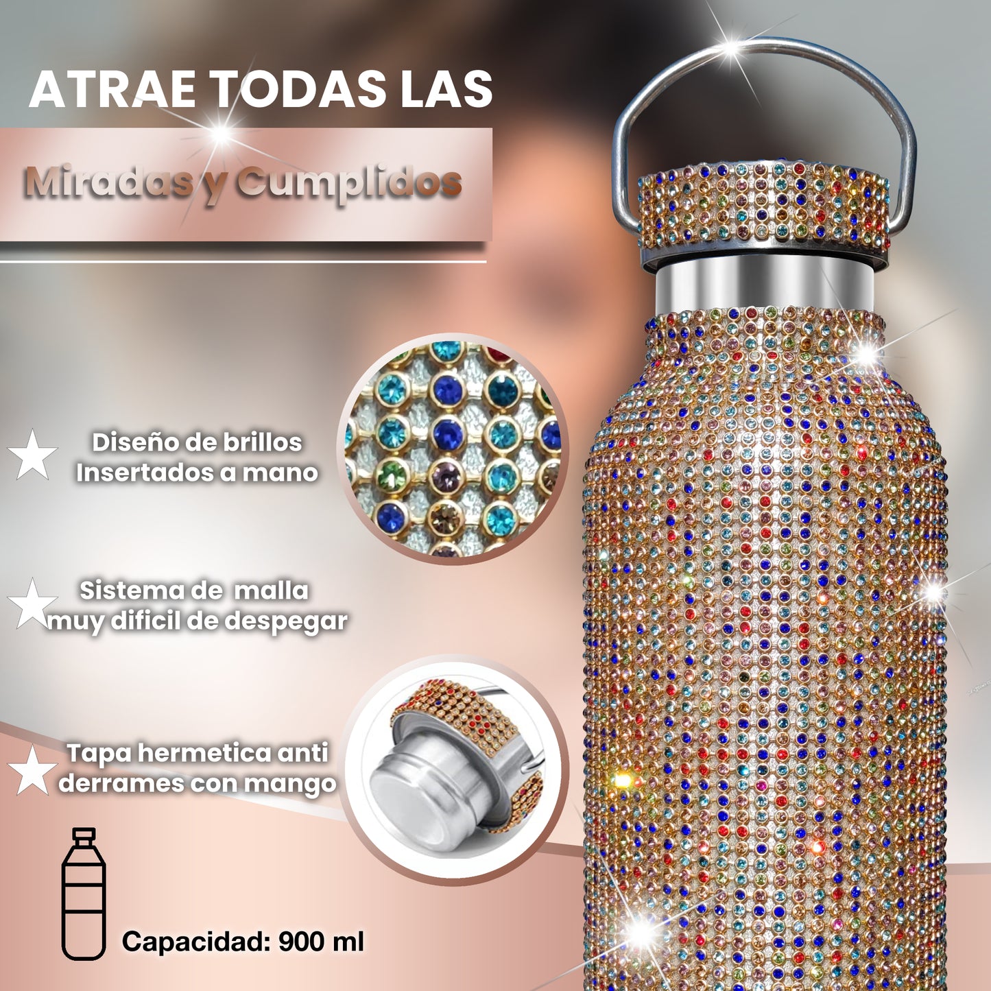 Botella Zuletti Brillante, Termo Con Brillos Y Accesorios | Dorado mix