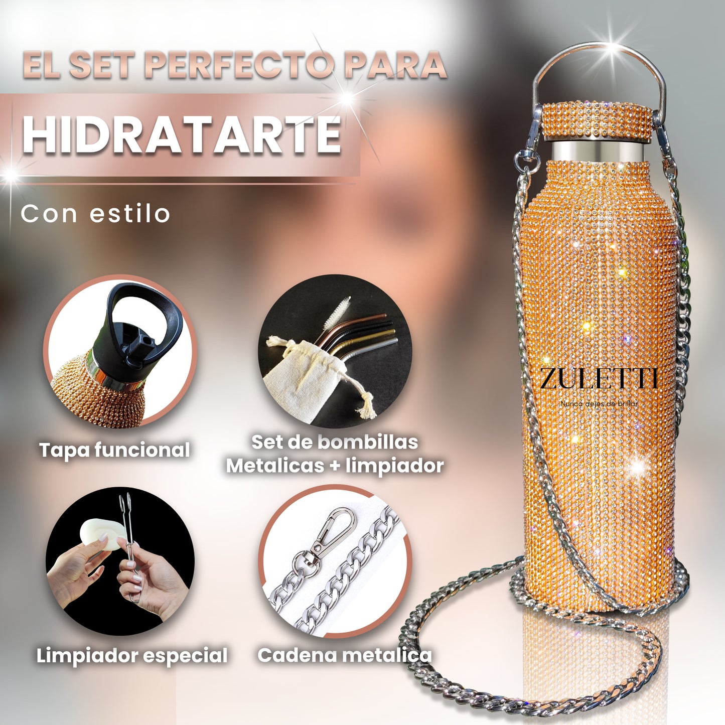 Botella Zuletti Brillante, Termo Con Brillos Y Accesorios | Dorado