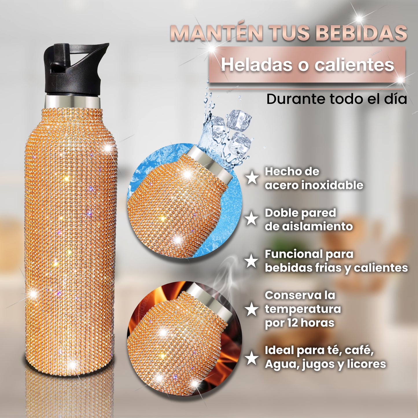 Botella Zuletti Brillante, Termo Con Brillos Y Accesorios | Dorado