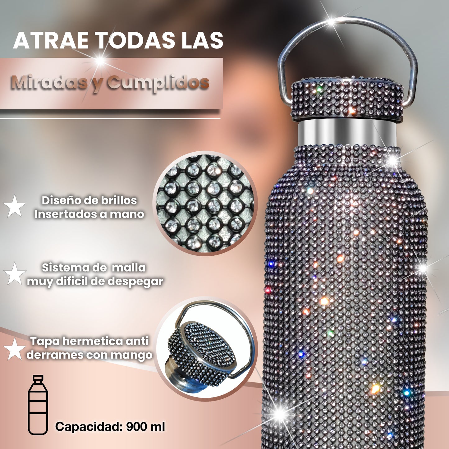 Botella Zuletti Brillante, Termo Con Brillos Y Accesorios | Negro