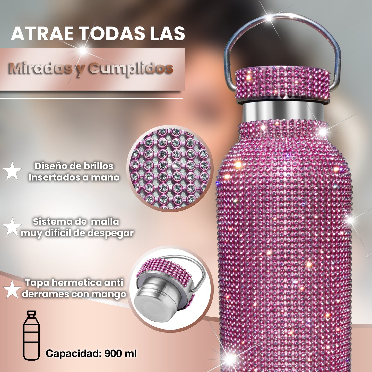 Botella Zuletti Brillante, Termo Con Brillos Y Accesorios | Rosado