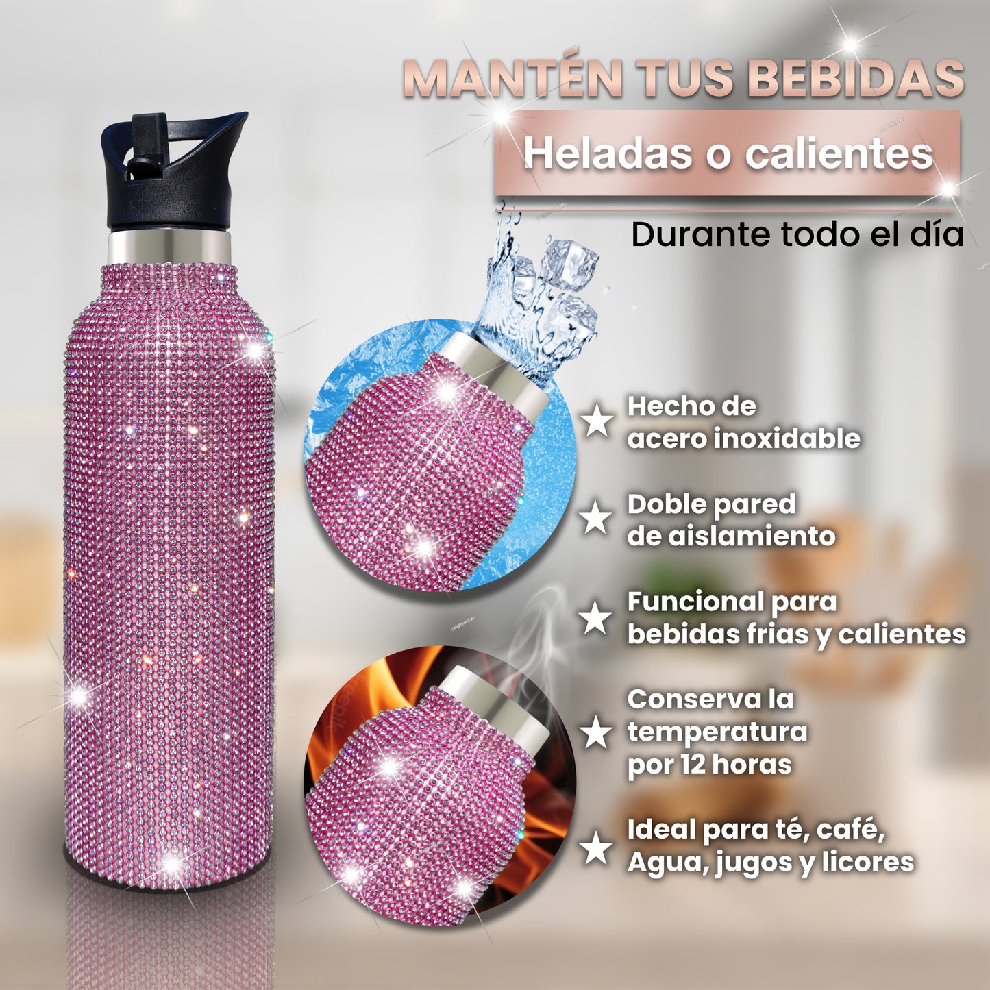 Botella Zuletti Brillante, Termo Con Brillos Y Accesorios | Rosado